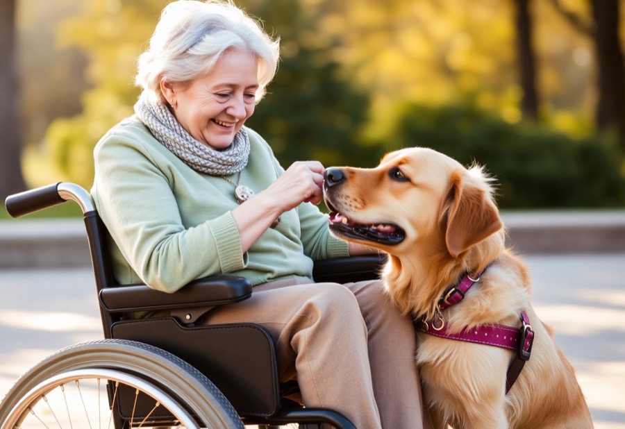 Donna anziana sorride mentre accarezza un golden retriever durante una seduta di pet therapy
